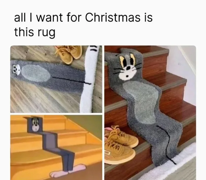 A meme featuring a custom staircase rug shaped and printed like Tom from Tom and Jerry flattened across the stairs, alongside the original cartoon scene.