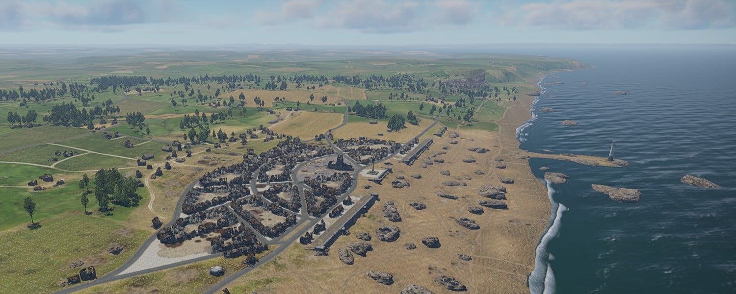 Overview of the village and beach area from War Thunder's Normandy coastal map