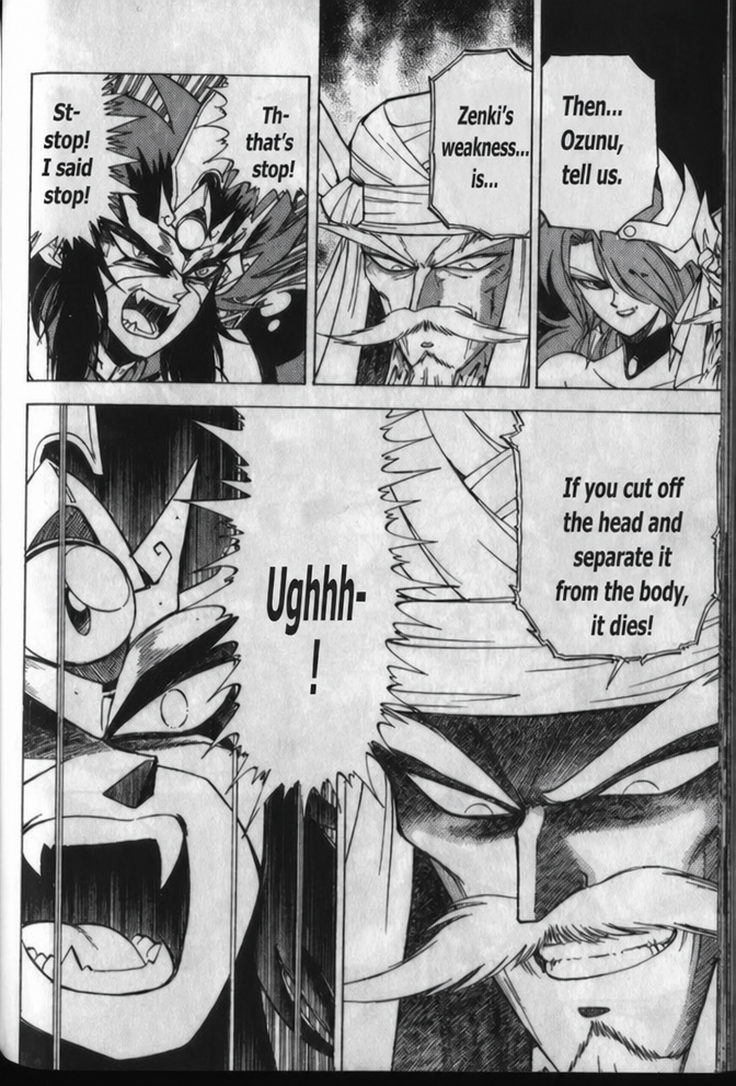 A scene from a comic where a villain shouts 'If you cut off the head and separate it from the body, it dies!' as a character's weakness, looking flustered.