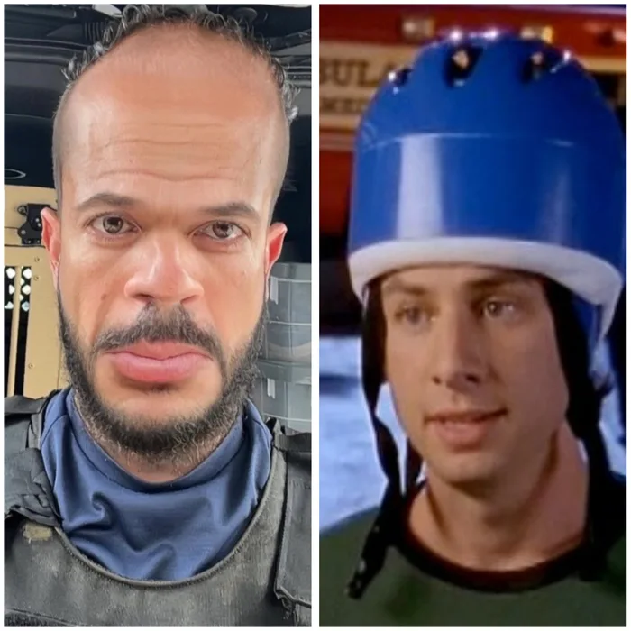 異常に高く丸いおでこと生え際を持つ男性と、ヘアメットを被った『Scrubs』のJ.D.を並べて比較した画像。