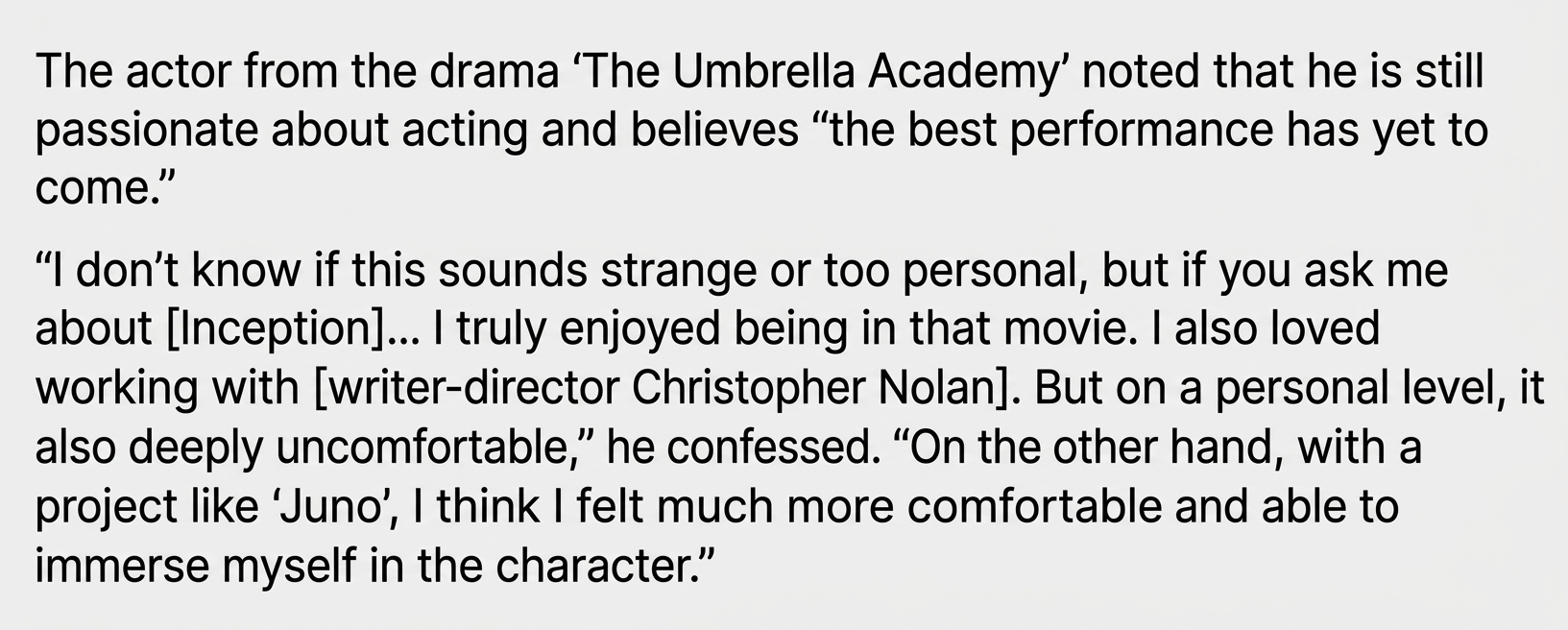 Screenshot of the translated interview body text discussing Elliot Page's discomfort during the filming of Inception and his mindset toward acting.