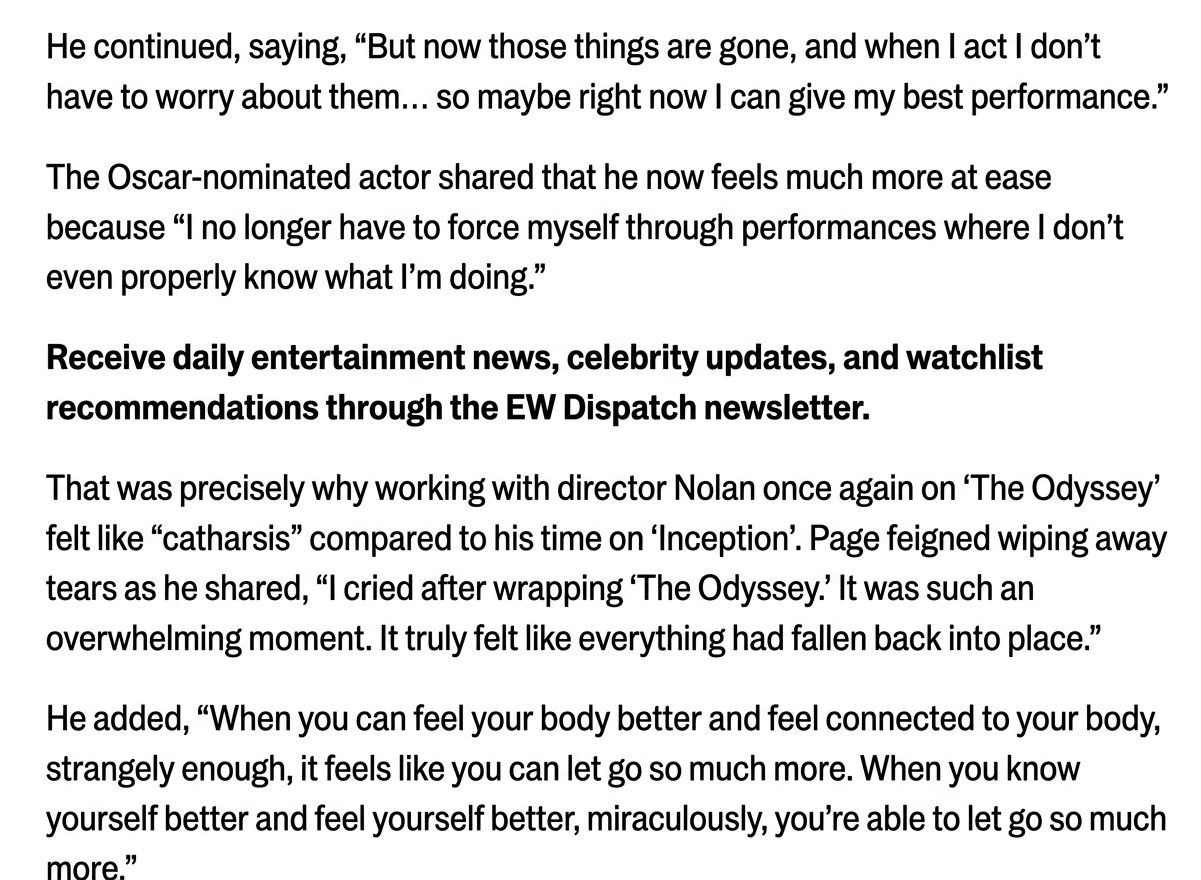 Screenshot of the lower section of the translated interview article explaining Elliot Page's acting experience and emotions following his transition.