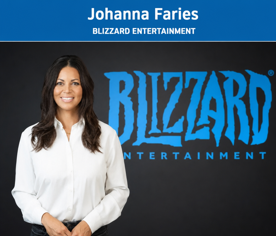 Profile photo of new Blizzard Entertainment president Johanna Faries standing in front of the logo.