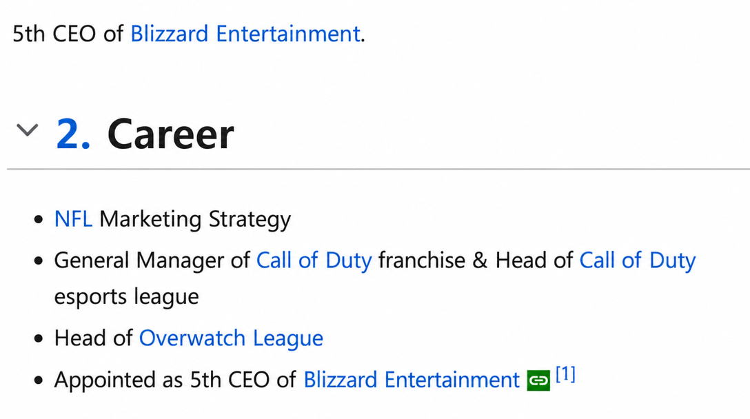 Namuwiki screenshot showing the career list of Blizzard Entertainment's 5th CEO Johanna Faries (NFL marketing strategy, Call of Duty esports league, Overwatch League, appointment as 5th CEO, etc.).