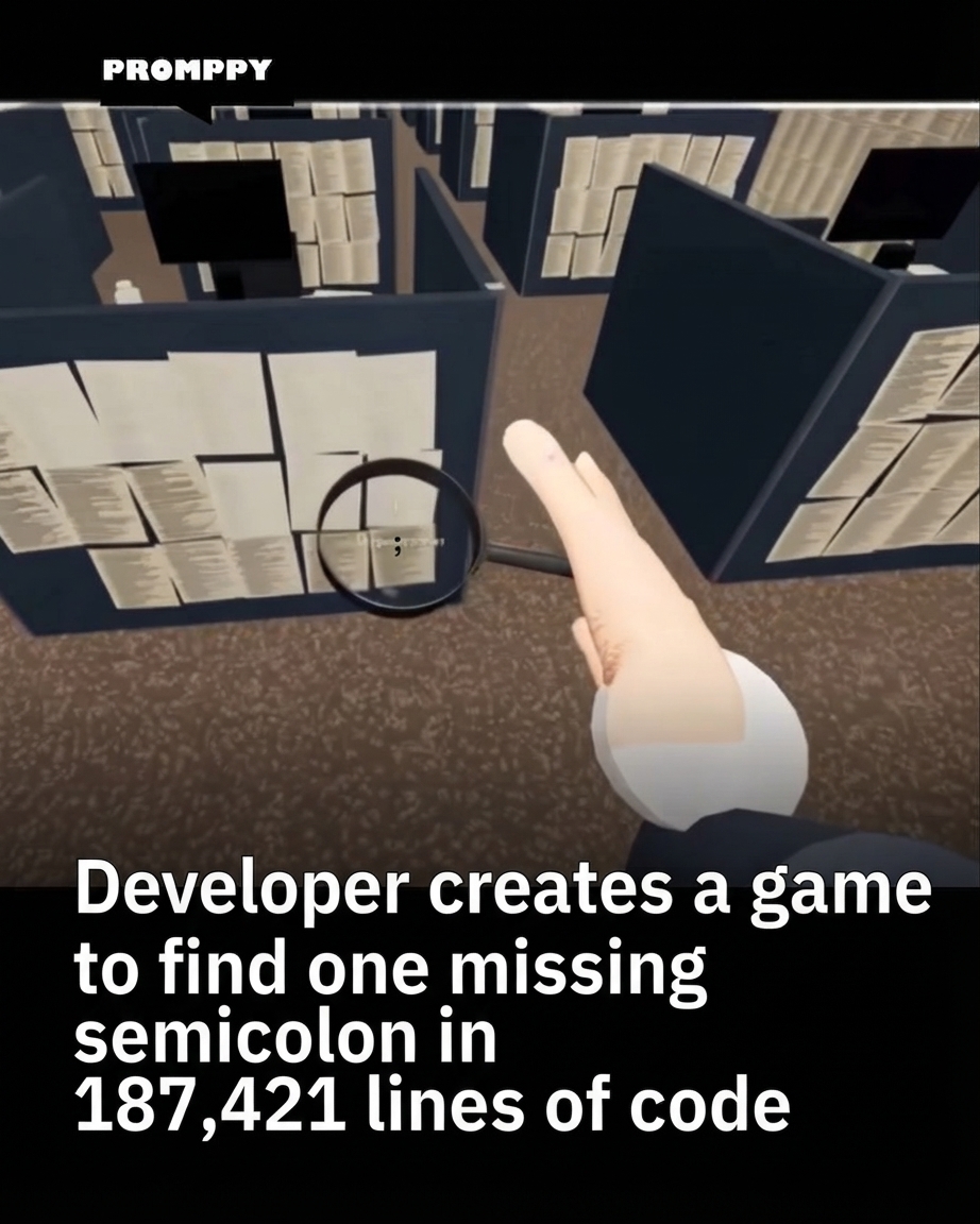 A 3D game screen where office partitions are plastered with printed code and a player inspects documents with a magnifying glass. At the bottom, text reads, 'Developer creates a game to find one missing semicolon in 187,421 lines of code.'