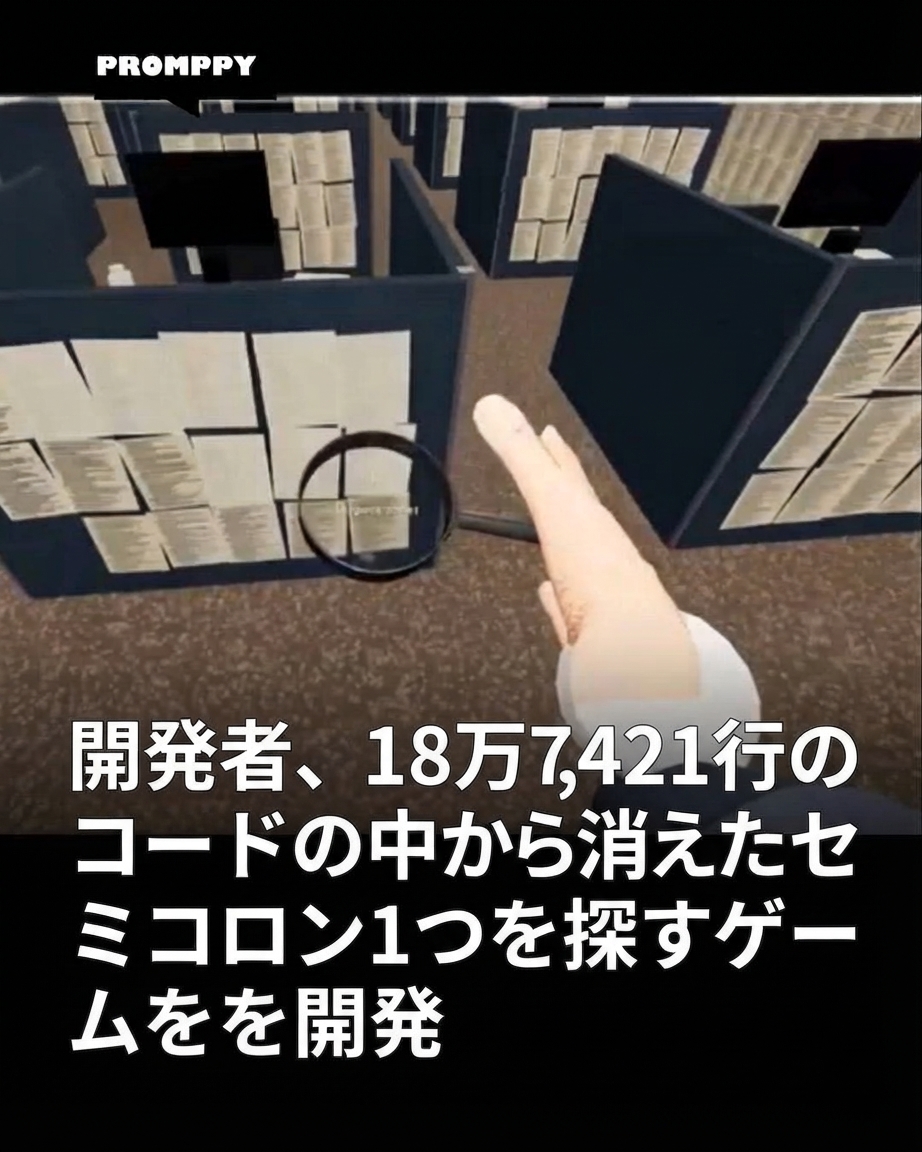 オフィスのパーティション一面に印刷されたコードがびっしり貼られ、プレイヤーが虫眼鏡で書類を調べている3Dゲーム画面。下部には「開発者、18万7,421行のコードの中から消えたセミコロン1つを探すゲームを開発」という文言が書かれている。