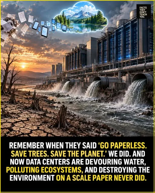 Digital illustration showing papers turning into tablets connected to a pristine nature cloud, set against a grim industrial data center discharging massive amounts of wastewater into a dried-up, deforested landscape.