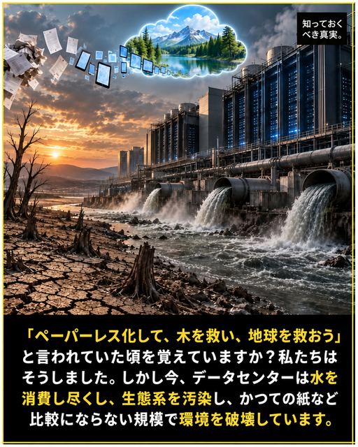 紙がタブレットに変わり、純粋な自然の雲へと繋がっているデジタルイラスト。背景には、冷酷な産業用データセンターが大量の廃水を排出し、乾燥し森林伐採された景観が広がっている。