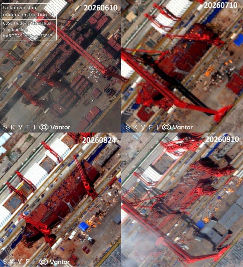 Satellite photos of a ship under construction at a Shanghai shipyard