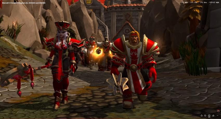 Whitemane walking with Mograine wearing Scarlet Crusade attire in a Warcraft 3 in-game cutscene