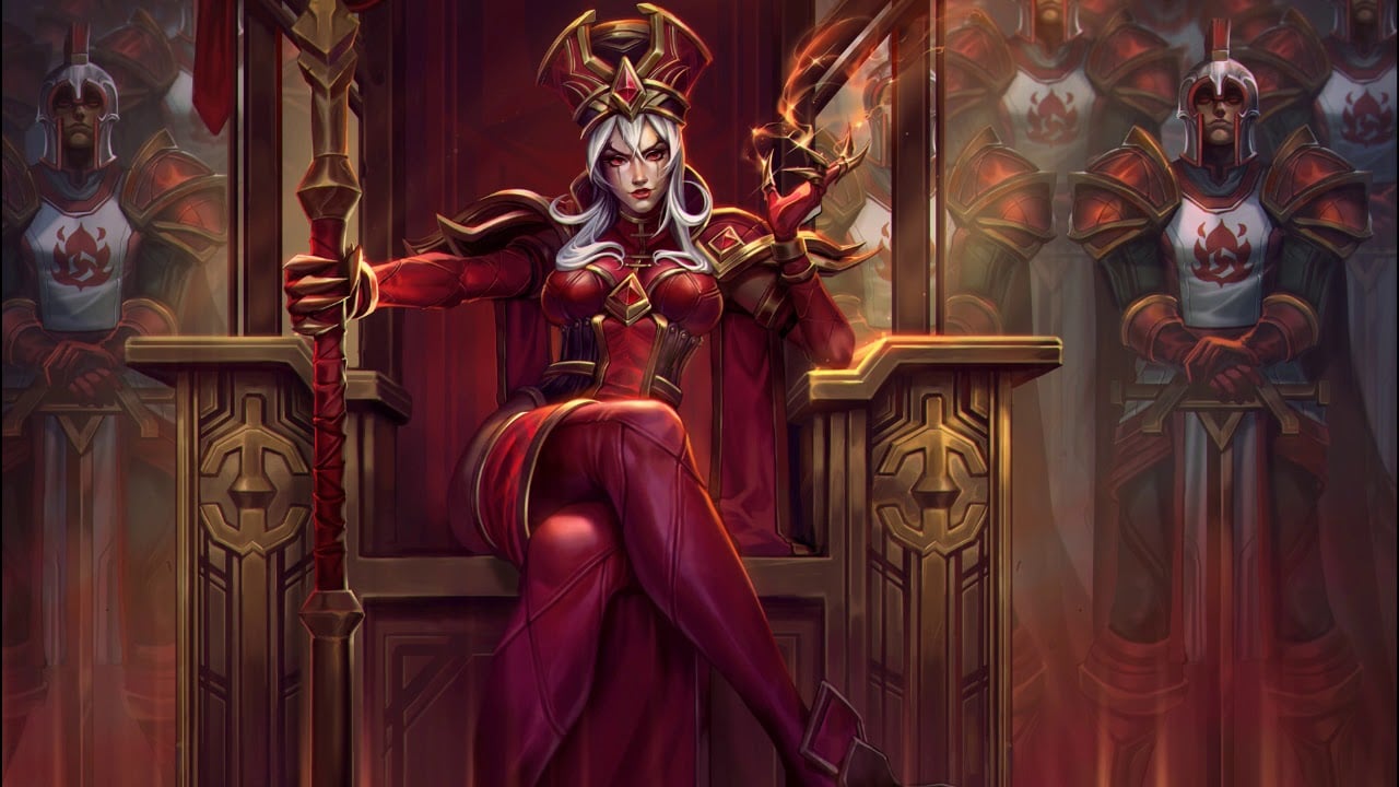 Illustration of Whitemane sitting cross-legged on a throne with Scarlet Crusade soldiers in the background