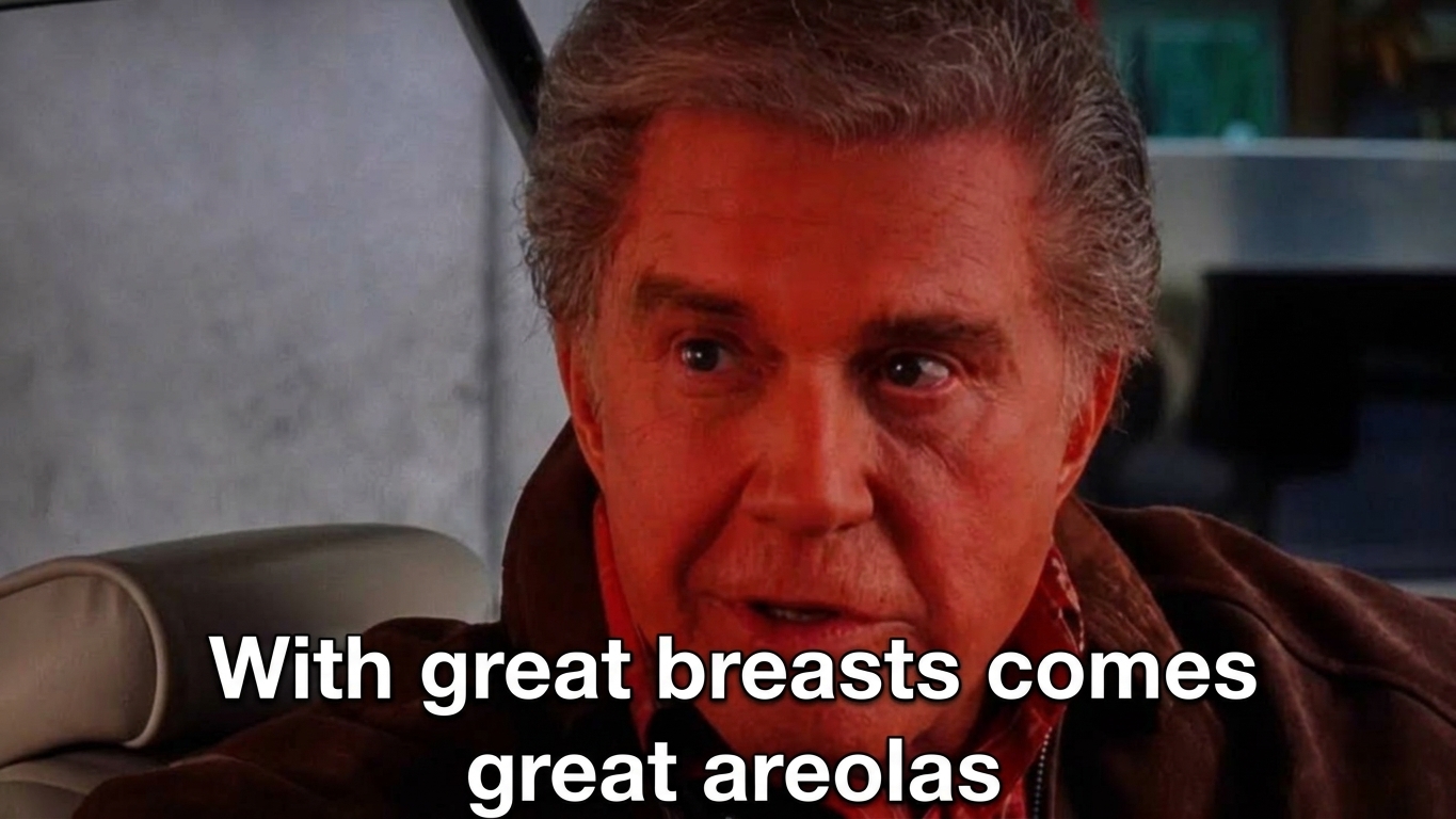 A screenshot from the Spider-Man movie showing Uncle Ben speaking with a serious expression inside a car, with the altered subtitle reading: "With great breasts comes great areolas."