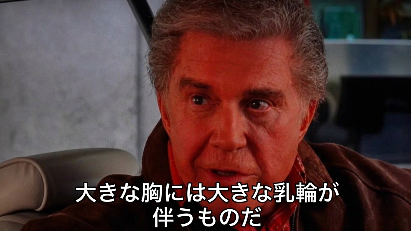 映画『スパイダーマン』で、ベン叔父さんが車の中で真剣な表情で話すシーンに、「大きな胸には大きな乳輪が伴うものだ」とパロディ字幕が付けられたキャプチャ画像
