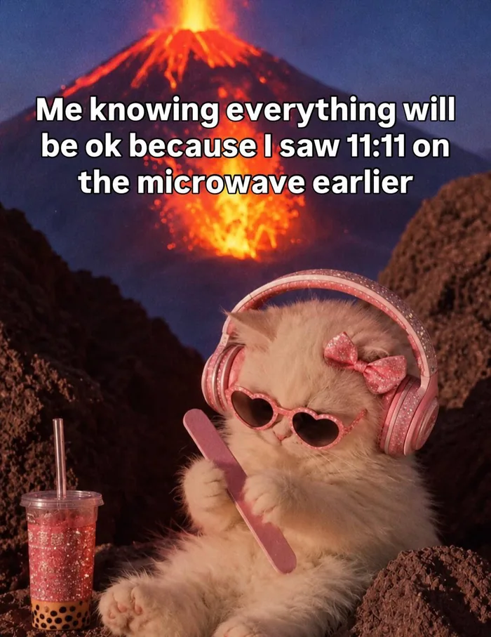 A fluffy white cat wearing pink headphones, heart-shaped sunglasses, and a pink bow, casually filing its nails next to a glittery boba drink while an active volcano erupts in the background, captioned with text about knowing everything will be ok after seeing 11:11.