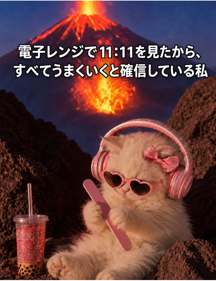 ピンクのヘッドホン、ハート型のサングラス、ピンクのリボンをつけたふわふわの白い猫が、キラキラしたタピオカドリンクの隣で何食わぬ顔で爪を整えており、背景では活火山が噴火している。電子レンジで11:11を見たので全てうまくいくという内容のテキストがキャプションとして添えられている。