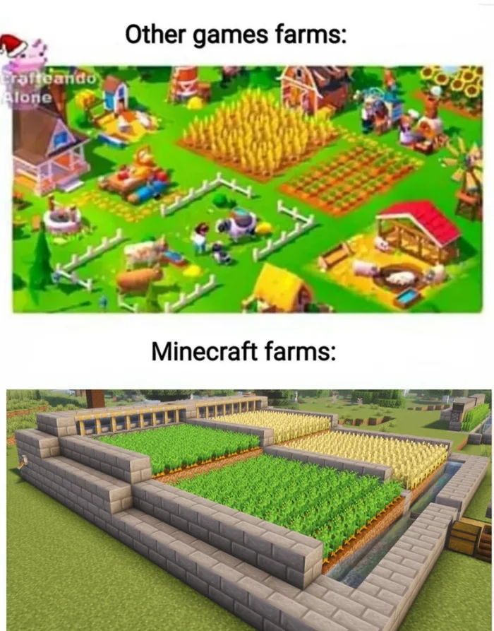 Meme contrasting cozy, aesthetic farms in other casual games with a strictly functional, automated stone-and-water crop farm in Minecraft.
