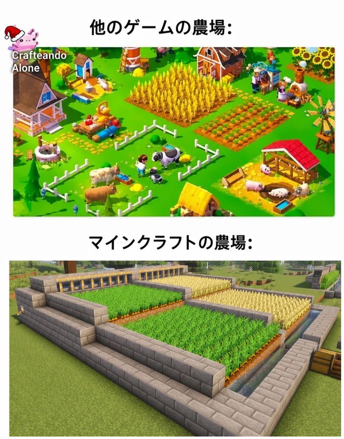 他のカジュアルゲームの居心地の良い見た目の良い農場と、マインクラフトの厳密に機能的で自動化された石と水の作物農場を対比させたミーム。