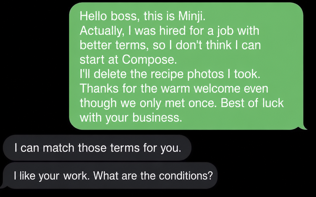Screenshot of a text conversation where a part-timer politely informs their boss they won't be showing up because they got a better offer, and the boss asks what the conditions are, offering to match them because they want to keep the employee.