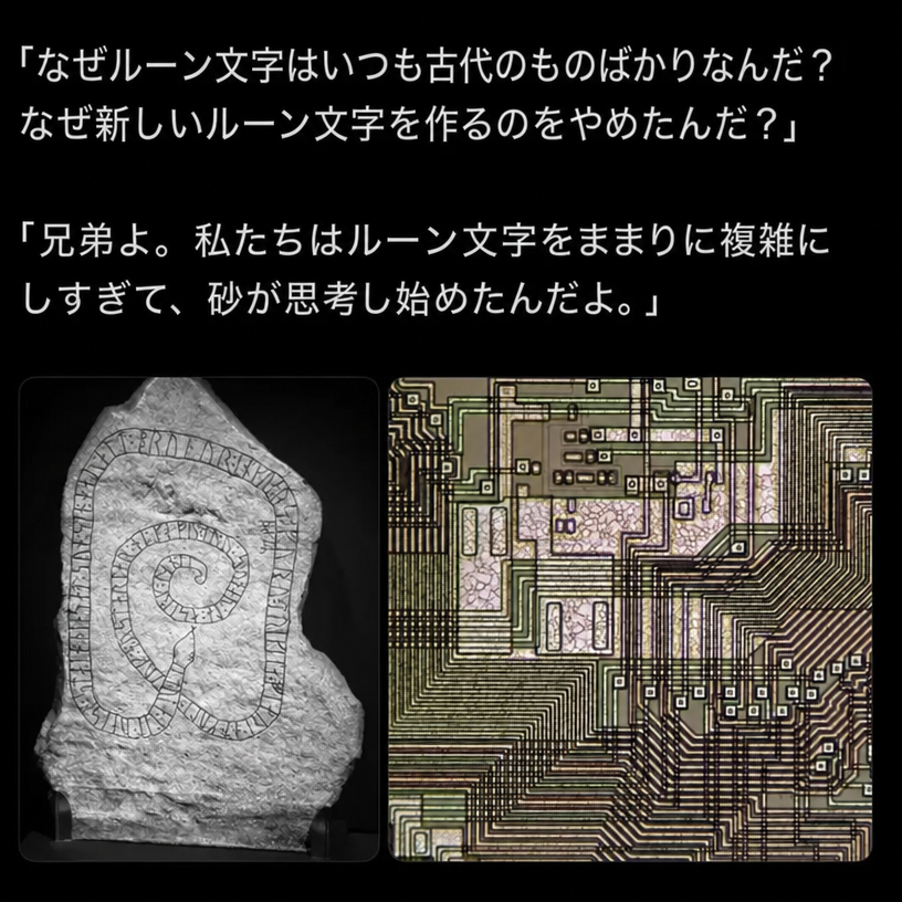 古代のルーン石碑とマイクロチップの回路基板を比較し、ルーンを複雑にしすぎて砂が思考し始めたと指摘するミーム。