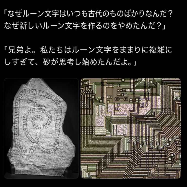 古代のルーン石碑とマイクロチップの回路基板を比較し、ルーンを複雑にしすぎて砂が思考し始めたと指摘するミーム。
