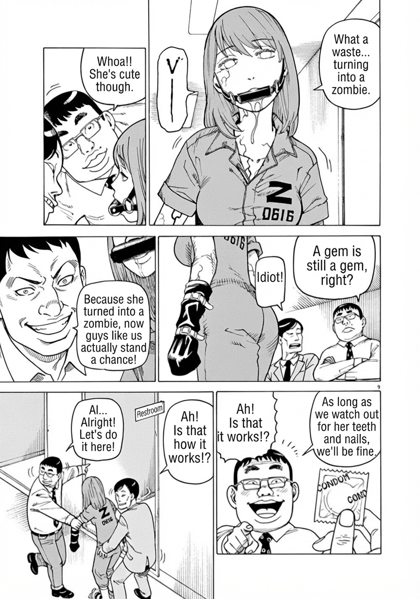 Comic panel of two men eyeing a restrained female zombie with impure motives and dragging her into a restroom