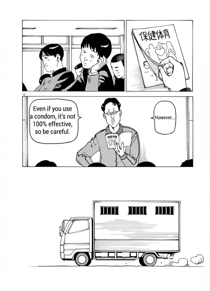 Comic panel of a teacher explaining the limits of condoms during a health/PE class, alongside a truck heading somewhere