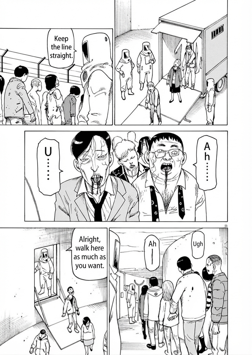 Comic panel of two men turned into zombies being unloaded from a truck under the control of personnel in hazmat suits