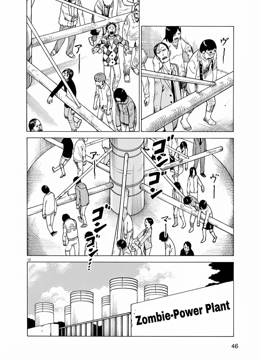 Comic panel showing an overview of a zombie-power plant where countless zombies push massive rotating shafts