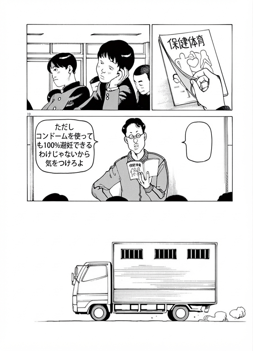 保健体育の授業でコンドームの限界を説明する教師と、どこかへ移動するトラックが描かれた漫画のコマ
