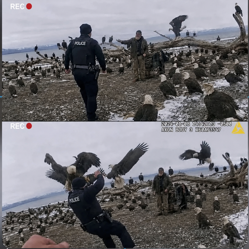A bodycam shot of an old man surrounded by a flock of eagles on a beach. As a police officer approaches, the eagles swarm and threaten the officer, seemingly on the old man's signal.