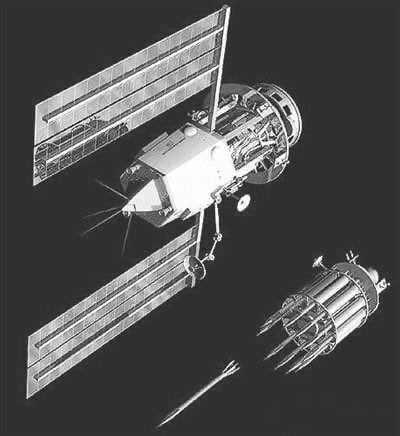 A conceptual diagram of a satellite and weapon system deployment module floating in space.