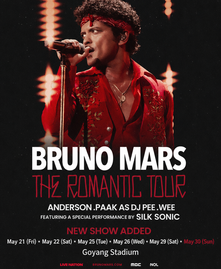 A concert poster for Bruno Mars in Korea showing a new date added for May 30th, totaling 6 concert dates.