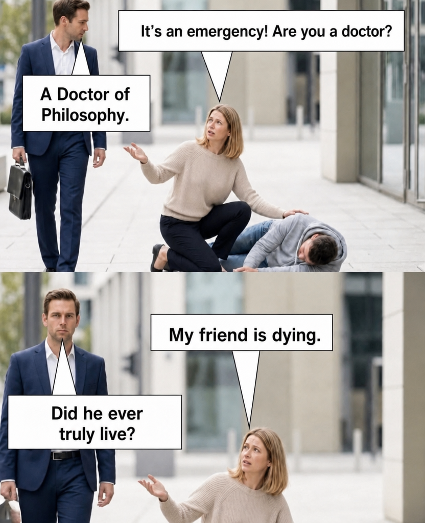 A two-panel meme image where a woman urgently asks a passing man in a suit beside a collapsed person, 'It's an emergency! Are you a doctor?' The man replies, 'A Doctor of Philosophy.' When she says, 'My friend is dying,' he responds with a question, 'Did he ever truly live?'