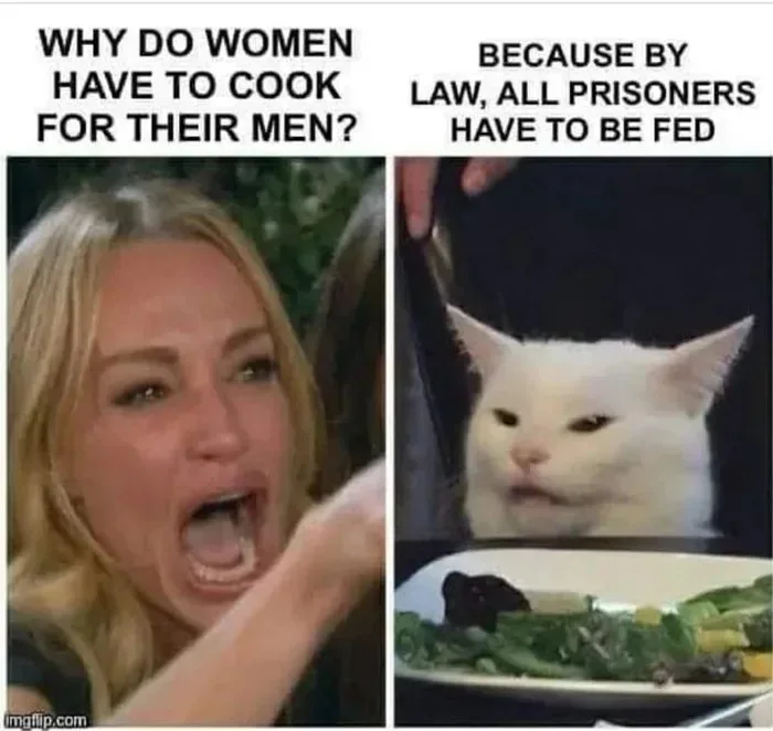A two-panel meme featuring the woman yelling at a cat format. On the left, a blonde woman shouts furiously, captioned: 'WHY DO WOMEN HAVE TO COOK FOR THEIR MEN?'. On the right, the white cat Smudge sits behind a dinner plate looking unimpressed, captioned: 'BECAUSE BY LAW, ALL PRISONERS HAVE TO BE FED'.