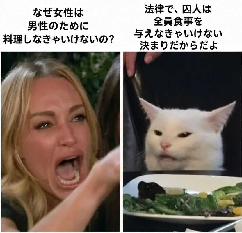 女性が猫に向かって叫んでいる2コマのミーム。左側では金髪の女性が激怒して「なぜ女性は男性のために料理しなきゃいけないの？」と問い詰め、右側では白い猫のスマッジが夕食の皿の後ろで無関心な様子で「法律で、囚人は全員食事を与えなきゃいけない決まりだからだよ」と答えている。