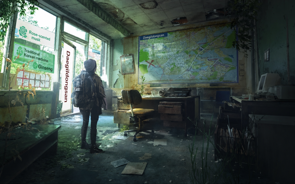 An illustration of a survivor standing and looking at a large map inside an overgrown, ruined Korean real estate agency office