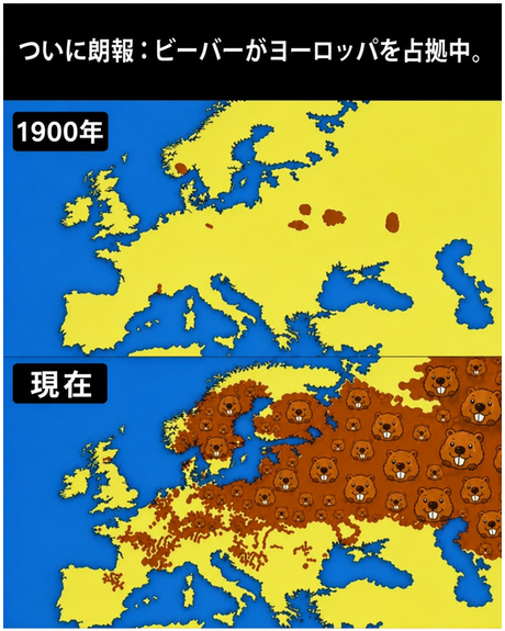 1900年と現在のヨーロッパにおけるビーバーの生息分布図の比較。現在は大陸の大部分をビーバーが覆っている。
