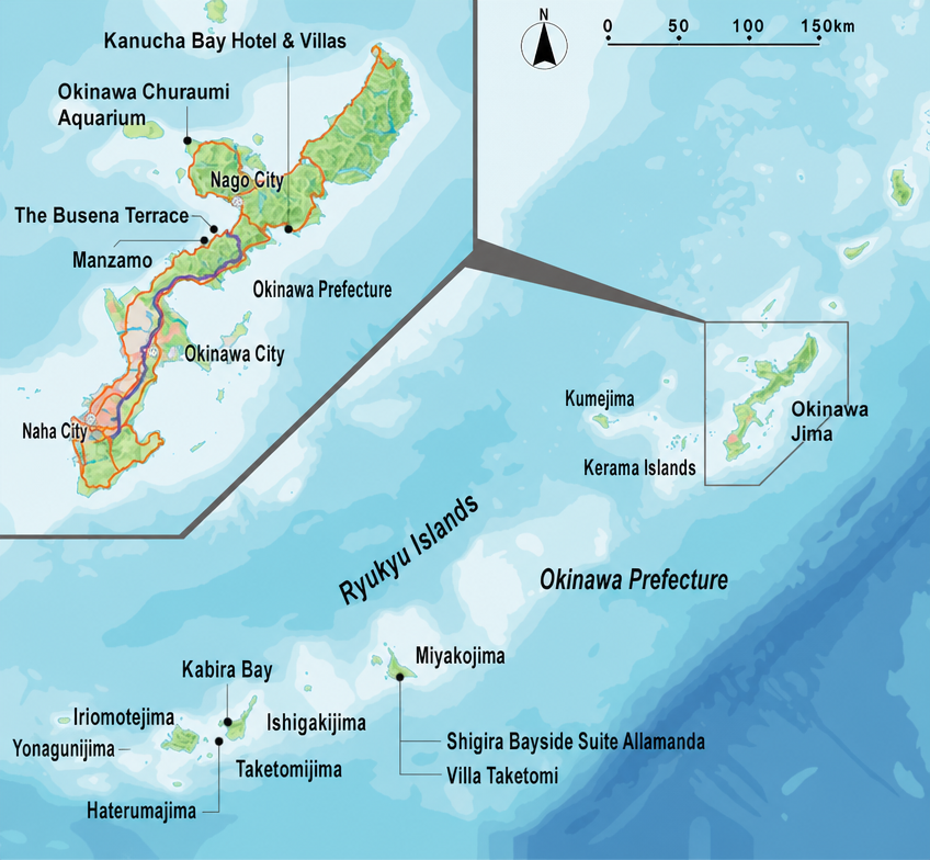 An infographic showing the map of Okinawa Prefecture and the locations of surrounding islands