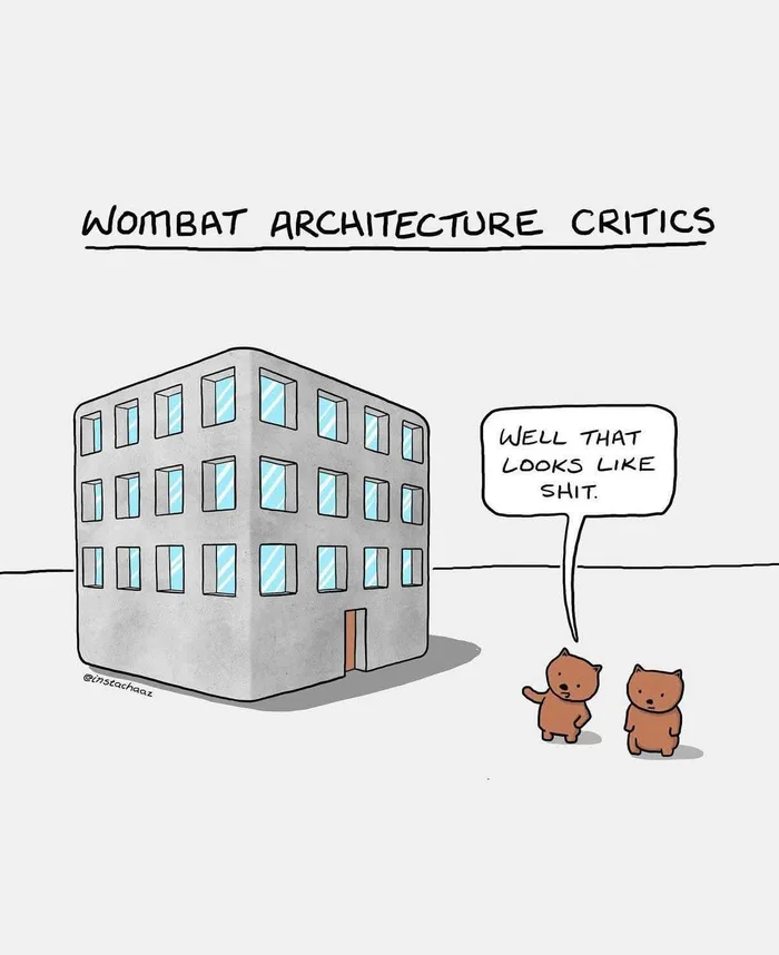 A cartoon titled Wombat Architecture Critics showing two wombats looking at a cubic building, with one saying, Well that looks like shit.