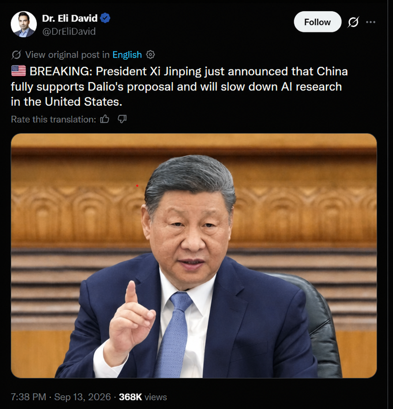 A screenshot of a parody tweet featuring a photo of President Xi Jinping, captioned 'President Xi Jinping fully supports Dario's proposal and announces that he will slow down U.S. AI research.'