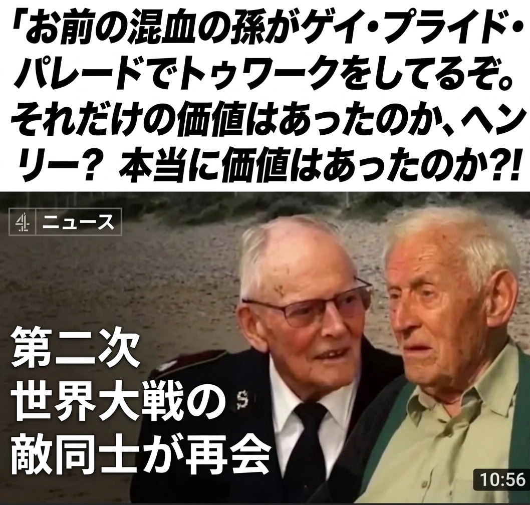 「第二次世界大戦の敵同士が再会」というタイトルのニュースサムネイルを使ったミーム。画像には、片方の老兵がもう一人に向かって「お前の混血の孫がゲイ・プライド・パレードでトゥワーク（お尻を振るダンス）をしてるぞ。それだけの価値はあったのか、ヘンリー？本当に価値はあったのか？！」と問いかけるテキストが重ねられている。
