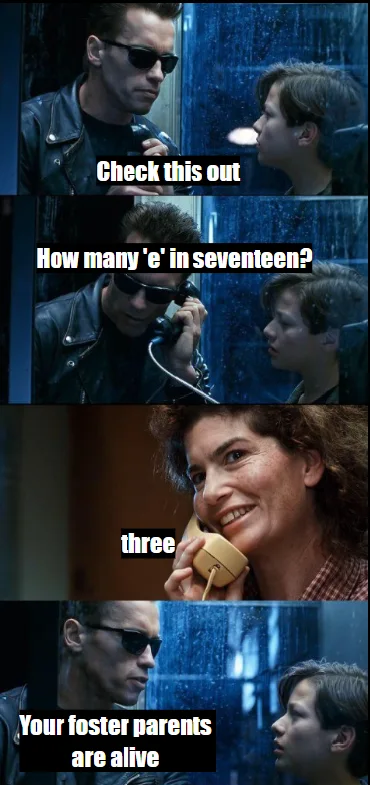 A four-panel meme from Terminator 2 where the Terminator calls John Connor's foster mother to test if she is an AI, asking how many 'e's are in seventeen, and upon hearing the correct answer 'three', tells John that his foster parents are alive.