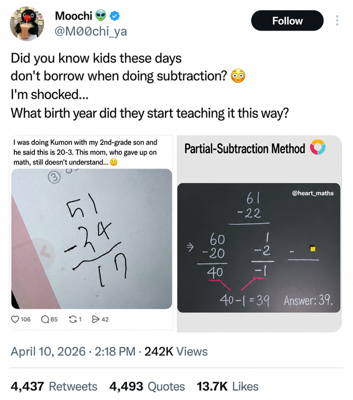 Screenshot of an SNS post about how kids these days don't do 'borrowing' when doing subtraction