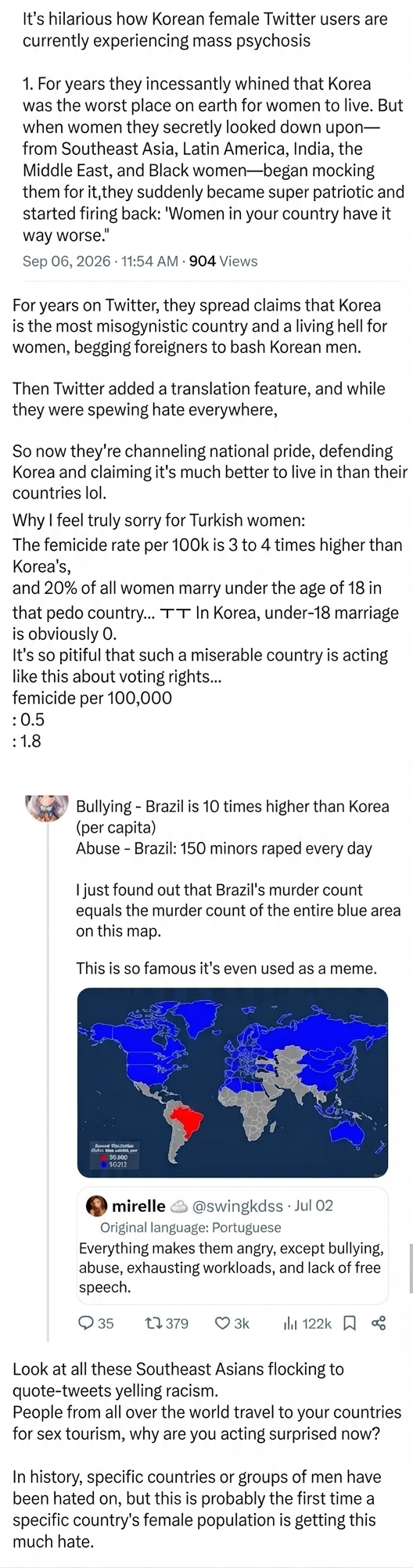A collage of Twitter posts showing Korean users, who previously claimed Korea is the worst country for women, abruptly defending Korea by citing foreign crime statistics after facing backlash from international netizens.