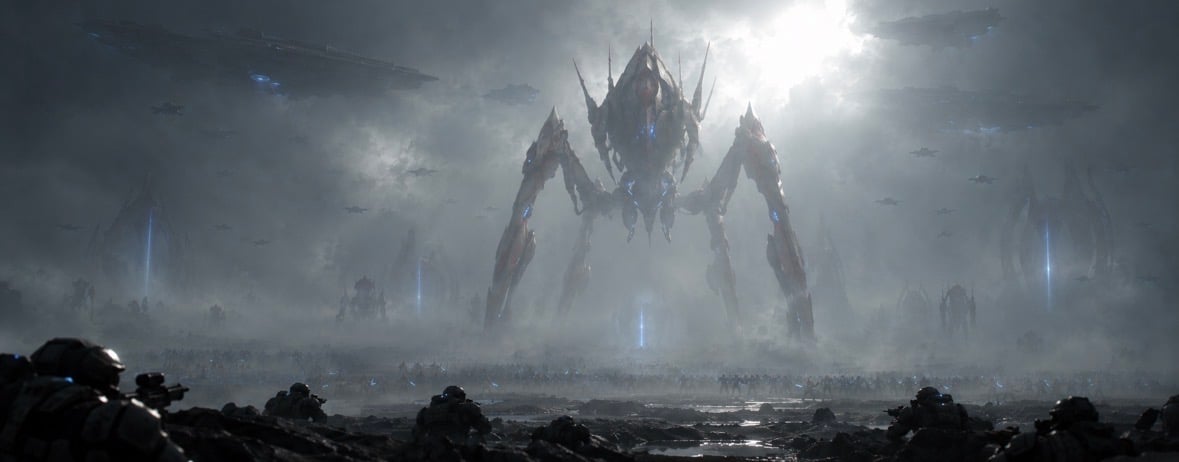 StarCraft Protoss concept art featuring a giant Colossus standing on the ground and a fleet of Carriers filling the sky.