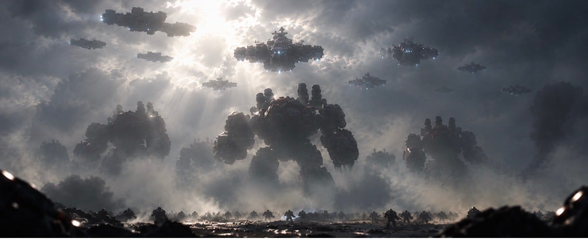 StarCraft Terran concept art with giant bipedal Thor mechs filling the ground and a fleet of Battlecruisers floating overhead.