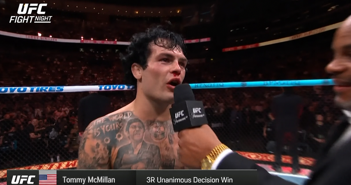 McMillen being interviewed after the fight alongside a caption showing a Round 3 unanimous decision win