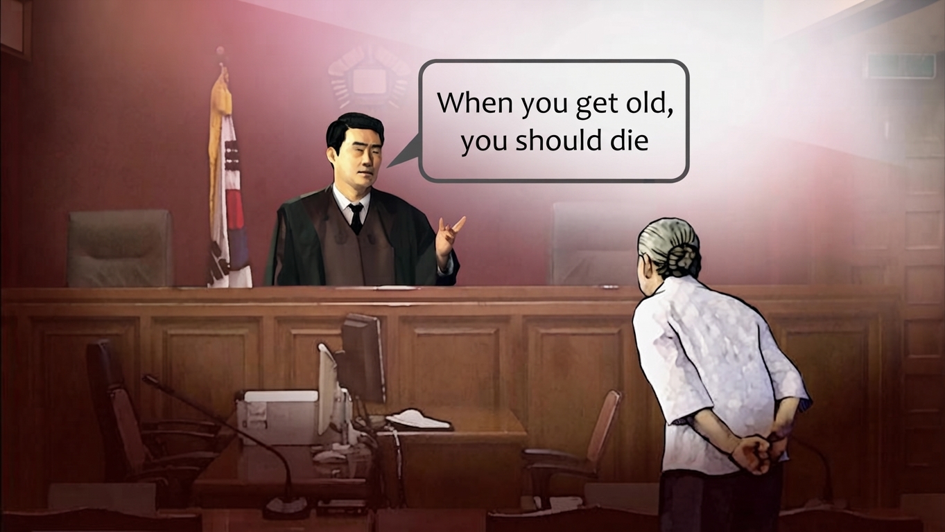 A news graphic illustration depicting a judge in a courtroom saying 'When you get old, you should die' toward an elderly defendant.