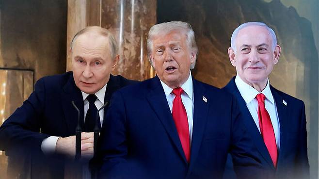 A composite photo showing politicians Vladimir Putin, Donald Trump, and Benjamin Netanyahu together.