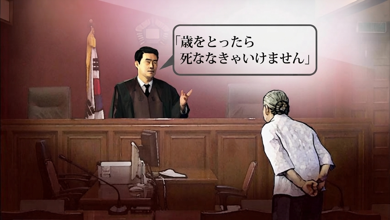 法廷で裁判官が高齢の被告人に向けて「歳をとったら死ななきゃいけません」と言い放つ場面を描いたニュースのグラフィックイラスト。